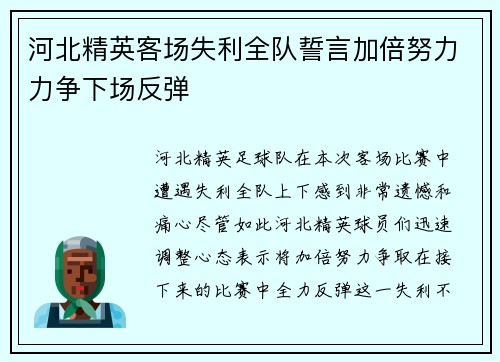 河北精英客场失利全队誓言加倍努力力争下场反弹