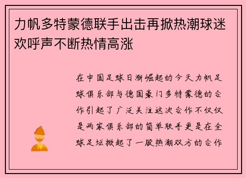 力帆多特蒙德联手出击再掀热潮球迷欢呼声不断热情高涨