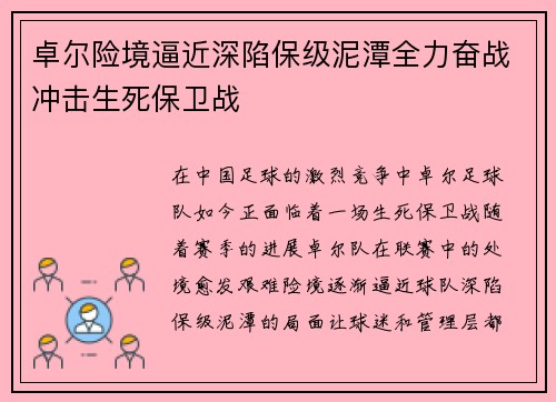 卓尔险境逼近深陷保级泥潭全力奋战冲击生死保卫战